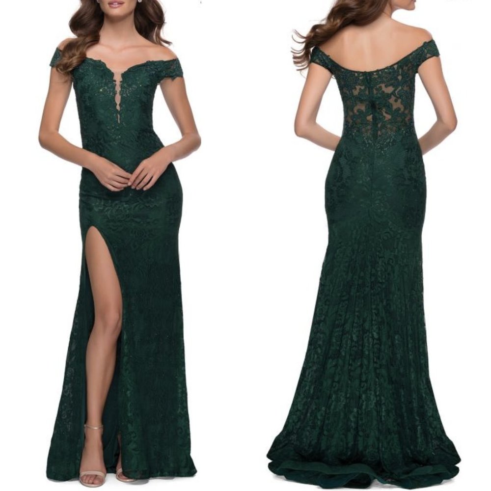 La Femme Dark Green Off-Shoulder Lace Maxi Dress